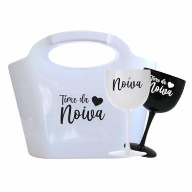 Imagem de Kit 15 Taças Gin Vodka 580ml Acrílica - Personalizadas Chá de lingerie despedida de solteira madrinhas Bride Noiva - Aloha (Bolsa Branca/Taça Preta -NOIVA)