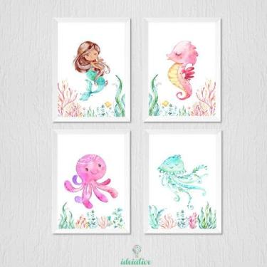 Imagem de Quadro Infantil Sereia Aquarela - Kit com 4 Molduras - Ideiative Desig