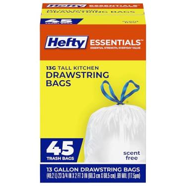 Imagem de Hefty Sacos de lixo de cozinha Essentials com cordão de 13 galões, 45 unidades, sacos de lixo altos sem cheiro para cozinhas, escritórios domésticos ou lavanderias, fáceis de amarrar, levantar e