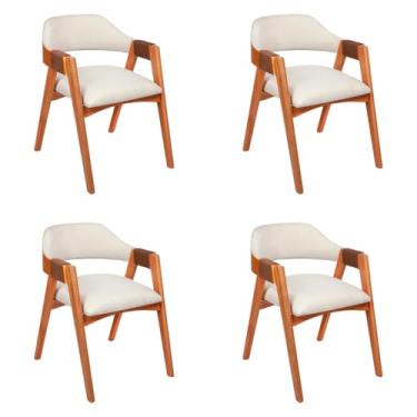 Imagem de Kit 4 Cadeiras de Jantar Com Encosto Curvo Base em Madeira Maciça Detalhe no Braço em Corda Nautica Linho Cru - Emily