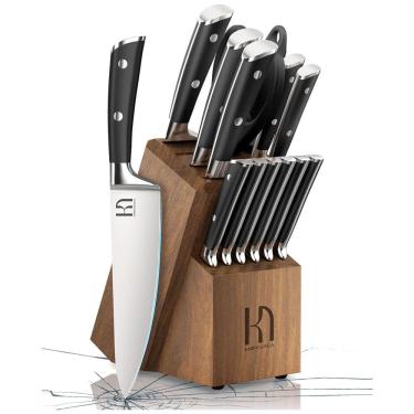 Imagem de Conjunto de Facas com Bloco de Bancada, Afiador Embutido e Cabo Ergonômico, 15 Peças, KnifeSaga, Preta