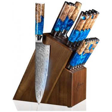Imagem de Conjunto de Facas em Aço Japonês VG10 Damasco com Bloco de Bancada, 15 Peças, Senken Knives, Azul