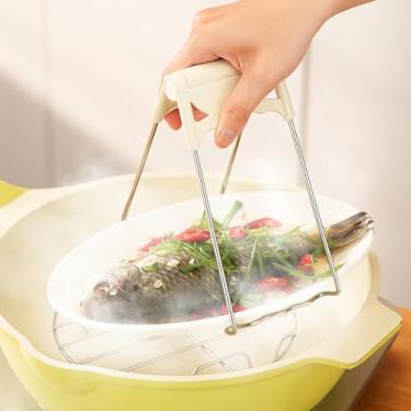 Imagem de Pinça dobrável de aço inoxidável com clipe de prato quente, clipes de garra para mover pratos ou tigelas quentes com comida do forno de micro-ondas instantâneo, pinça antiqueimadura de cozinha, branca