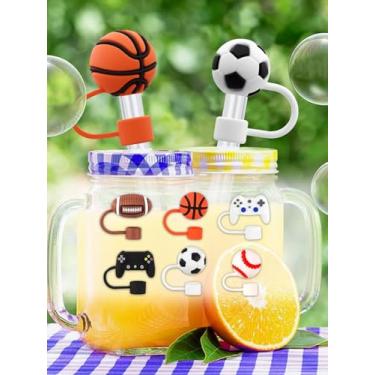 Imagem de Tampas de palha de rúgbi de basquete de silicone, 6 peças, pontas à prova de poeira de 10 mm, topo de palha de desenho animado compatível com Stanley Cup Canudos de 30 e 1,134 g