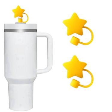 Imagem de 2 peças de capa de palha de estrela amarela para copo Stanley de 40 e 850 g, tampa de cobertura de palha de silicone de 8 mm para acessórios de copo Stanley, topo de palha fofo, tampa de palha para