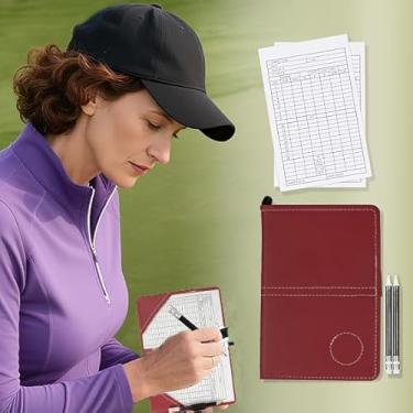 Imagem de Capa de couro para cartão de pontuação de golfe, estatística e rastreamento de pontuação, macio, grosso, impermeável, cartão colorido (vermelho)