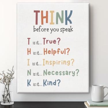 Imagem de Arte de parede inspiradora de saúde mental, decoração de sala de aula boho para escritório de terapia, pintura em tela emoldurada Think Before You Speak para consultoria escolar, 20 x 25 cm