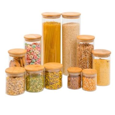 Imagem de Kit 11 Potes De Vidro Com Tampa De Bambu Herméticos Redondos