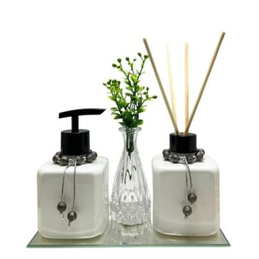 Imagem de Kit Lavabo Banheiro Completo com Bandeja Espelhada Saboneteira Aromatizador e Vaso Decorativo – Frascos 200ml Branco Luxo (DOURADO)