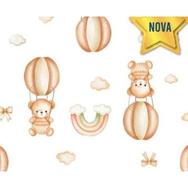 Imagem de Tecido Tricoline Digital Ursinhos, Balões e Arco Íris fundo Off White 