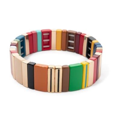 Imagem de Pulseira de arco-íris esmaltada de azulejo para mulheres e homens liga elástica colorida retângulo contas empilhável pulseira elástica joia presente, One Size, Liga de aço, Sem Pedra Preciosa