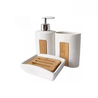 Imagem de Kit Banheiro Cerâmica e Bambu 3 Peças com Dispenser Porta Escovas e Saboneteira – Elegância e Organização para seu Lavabo