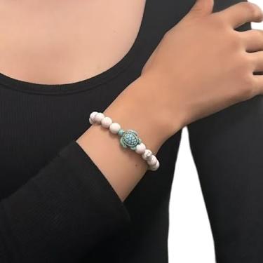 Imagem de Pulseira de contas turquesa com pingente de tartaruga, joia de praia de pedra natural, pulseira de pedra semipreciosa boêmia, pulseira com pingente de tartaruga temática animal feita à mão para