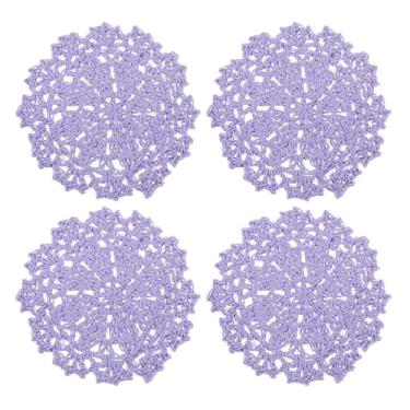 Imagem de Porta-copos de tecido, 4 peças de 10 cm - Doilies de crochê de algodão, tapete de copo bordado de renda com padrão floral para decoração de festa de casamento (roxo claro)