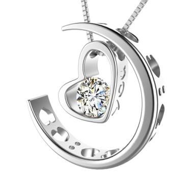 Imagem de Colar com pingente de lua e coração, joia de cristal romântica para mulheres, design celestial minimalista para casamentos, aniversários e ocasiões especiais, F, Aço inoxidável, Sem Pedra Preciosa