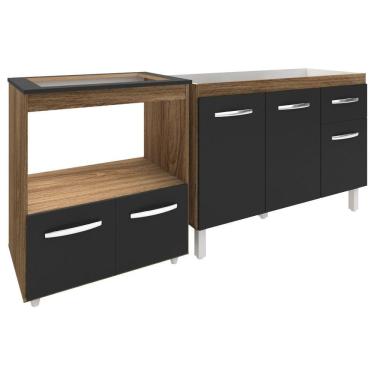 Imagem de Cozinha Armário Balcão Gabinete De Pia Aline 120 Cm E Balcão Evelyn Para Fogão Cooktop 5 Bocas E Forno Savana Preto