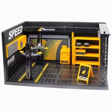 Imagem de Diorama Garagem Expositor de Carrinhos Plástico e Acrílico Escala 1:24 Com Elevador Manual de Metal e Luzes