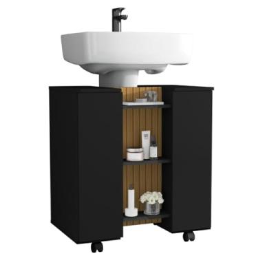 Imagem de Gabinete Armário Banheiro Pia De Coluna - Cores(Preto/Ripado)