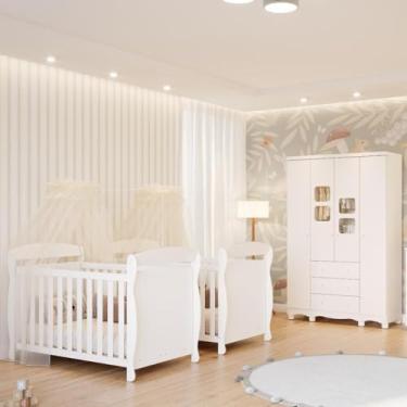 Imagem de Quarto de Bebê Gêmeos 2 Berços Americano Marquesa Guarda Roupas 4 Portas Uli 100% MDF