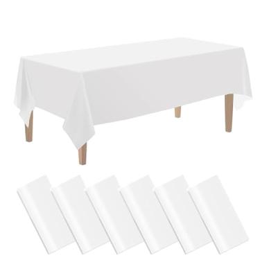 Imagem de Pacote com 6 panos de mesa de plástico – Toalha de mesa de 137 x 182 cm, plástico branco retangular, à prova de vazamento e resistente, adequada para festas internas e externas, piqueniques