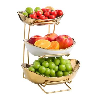 Imagem de MEIGLQEA Tigela de frutas dourada e prata com suporte de metal, fruteira branca de cerâmica de 3 camadas para balcão de cozinha, cesta de frutas em camadas para lanches, armazenamento de doces de pão