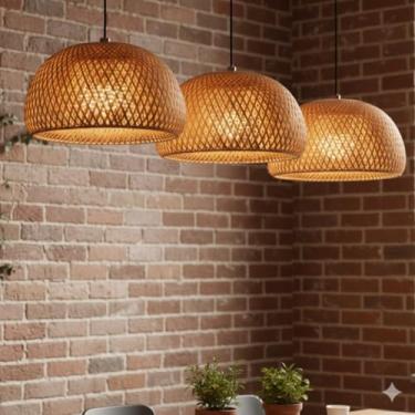 Imagem de Kit 03 Luminária de Teto Lustre Pendente Bambu Madeira Sunfy Malibu Rústico 43cm - Completo