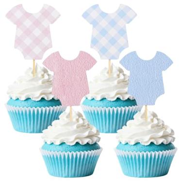 Imagem de 48pçs Toppers para Cupcake Bodysuit, Xadrez Azul e Rosa Decorações Bolo Chá de Bebê Topper Bolo Fofo para Meninos Meninas Suprimentos Festa Chá de Bebê