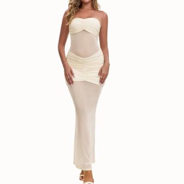 Imagem de LINNSUJH Vestido de malha transparente para mulheres, sexy, colado ao corpo, roupa de malha, clube, bege, transparente, vestido maxi sem alças, rabo de peixe para sair à noite, festas, coquetéis