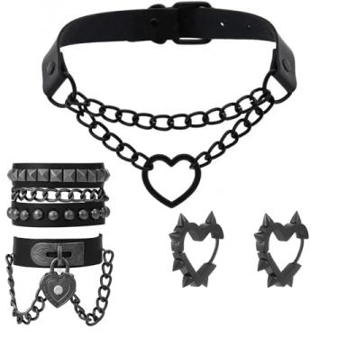 Imagem de Dhdfisd Colar com corrente de coração preto, brincos de ponta, pulseira de couro PU, gótico, punk grunge, conjunto de joias emo para mulheres e homens, Halloween, 3 peças, various, Metal, Sem Pedra