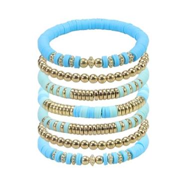 Imagem de ZHDHDQ Pulseiras elásticas com contas para mulheres, pulseiras empilháveis de argila de polímero Heishi, amizade, boêmio, verão, praia, conjunto de joias, 10, Sem Pedra Preciosa
