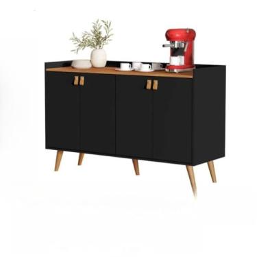 Imagem de Armário Aparador Buffet Cantinho do Café Hall de Entrada 2, 3 ou 4 Portas Pé Palito Puxador Couro MDP/MDF(Luana 4 Preto/Freijó)