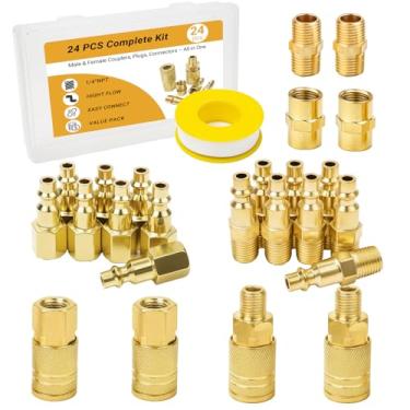 Imagem de Kit de acoplador de ar e plugue, 24 peças de 1/10.2 cm NPT conjunto de acessórios de mangueira de ar NPT, acessórios de ferramenta de ar de conexão rápida para compressor de ar com acopladores macho e