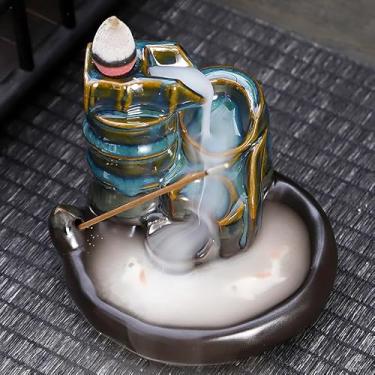 Imagem de Queimador de incenso de refluxo de cerâmica, decoração criativa para casa, queimador de incenso artesanal em forma de peixe, aproveite o aroma de sândalo (Bambu B-8 - azul)