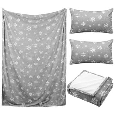 Imagem de Mindsoft 3 peças de roupa de cama de floco de neve 152 x 203 cm, cobertor térmico de lã de floco de neve com capas de travesseiro combinando, suprimentos de cama de flanela para decoração de quarto de