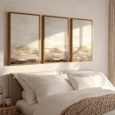 Imagem de Vaskuro Pinturas de arte neutra 3D emolduradas extra grandes feitas à mão para sala de estar, sala de jantar, 3 peças de arte minimalista abstrata texturizada para parede, decoração aconchegante