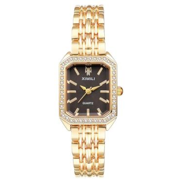 Imagem de JewelryWe Relógio feminino de quartzo quadrado: relógios femininos de quartzo analógico dourado com pulseira destacável relógio de pulso para o Natal, Strass, ouro, preto, relógio dourado iced out