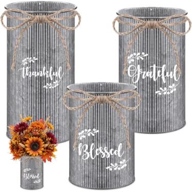 Imagem de Domensi 3 peças de mesa de ação de graças centro de mesa de outono suporte de utensílios de outono decoração de vasos de metal galvanizado para flores vintage rústico pote de pedreiro para Ação de