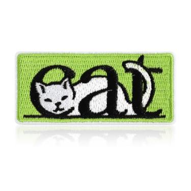 Imagem de Patch de arte com palavras de gato, remendos de letras bordadas verdes brilhantes para gatos, retângulo, 6 x 3,5 cm, remendos de moral fofos para mochilas, jaquetas, chapéus, acessório temático felino