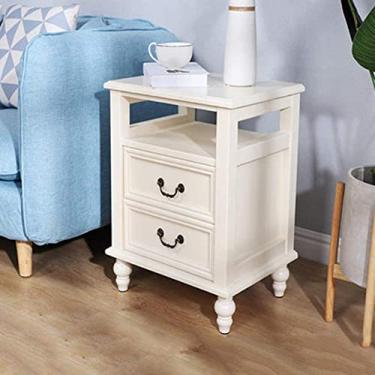 Imagem de Mesa de cabeceira 3 camadas de madeira maciça armário de cabeceira independente armário final sofá mesa armazenamento prateleira com 2 gavetas prática (marfim 35 * 35 * 56 cm)