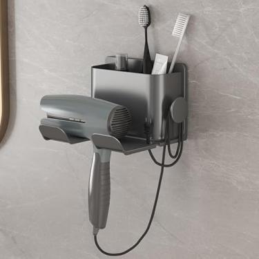 Imagem de 1 suporte para secador de cabelo que economiza espaço, sem perfuração, fácil de montar na parede, elegante organizador de banheiro - cinza