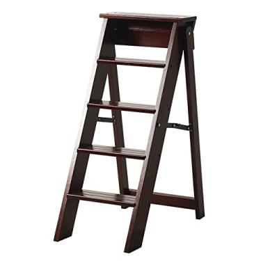 Imagem de Banqueta de madeira, escada de madeira dobrável, escada de madeira de 5 níveis, escada de escalada dobrável portátil com escada, banco e prateleira de armazenamento (A) (A)