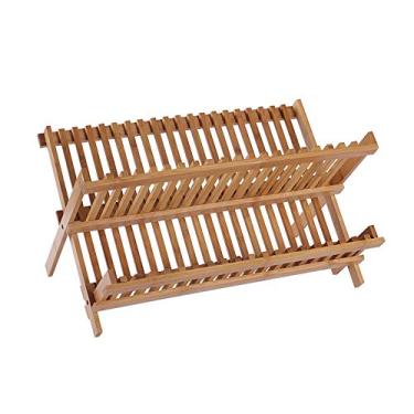 Imagem de JYXYXSCP Escorredor de pratos dobrável, escorredor de cozinha, bandeja de drenagem fixa, rack de armazenamento, rack de talheres de madeira