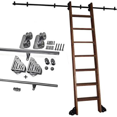 Imagem de Conjunto completo de ferragens para escada rolante 1 m - 6 m, kit de trilhos de biblioteca móvel de escada deslizante com faixa de extensão/trilho e rodízios de piso (sem escada) (tamanho: kit de