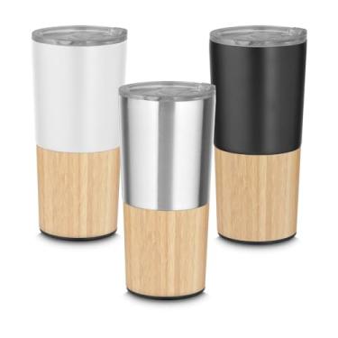 Imagem de Copo Térmico Inox 550ml Branco com Base em Bambu – Parede Dupla, Tampa Antivazamento e Isolamento para Bebidas Quentes e Frias