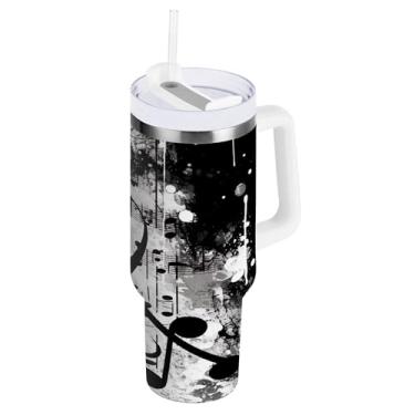 Imagem de xigua Music Notes Copo de 1,134 g com tampa e canudo, aço inoxidável de vácuo duplo isolado garrafa de água esportiva suporte para copo de café de viagem à prova de vazamento para bebida gelada