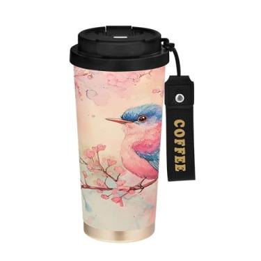 Imagem de SEHANY Caneca de café de viagem Blue Birds 482 g com tampa revestida de cerâmica e à prova de vazamento, parede dupla, isolada a vácuo, copo de aço inoxidável para bebidas quentes e frias