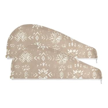 Imagem de SEHANY Toalha de cabelo de microfibra boêmia marrom vintage para mulheres, 2 peças, turbantes de cabelo de secagem rápida com botão, touca de cabelo seco absorvente toalha de secagem de cabelo para