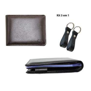 Imagem de Kit Masculino Carteira Couro Legítimo + 02 Chaveiros Kartmen, Marrom