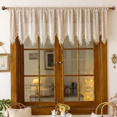 Imagem de Huierxun Cortinas de saia translúcidas triangulares de renda bege para janelas, cozinha, sala de estar, banheiro, quarto, folha, bordada, voile, transparente, bolso para varão, cortinas curtas com