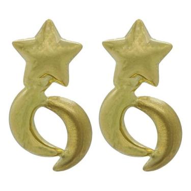 Imagem de Par Brinco De Ouro 18k Formato De Estrelas E Lua J25688 - MV Joias